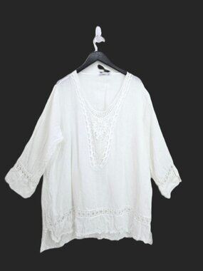 Martina Innocenti White Italian Linen Crochet Lace Tunic 3/4 Sleeve Top Women 3X